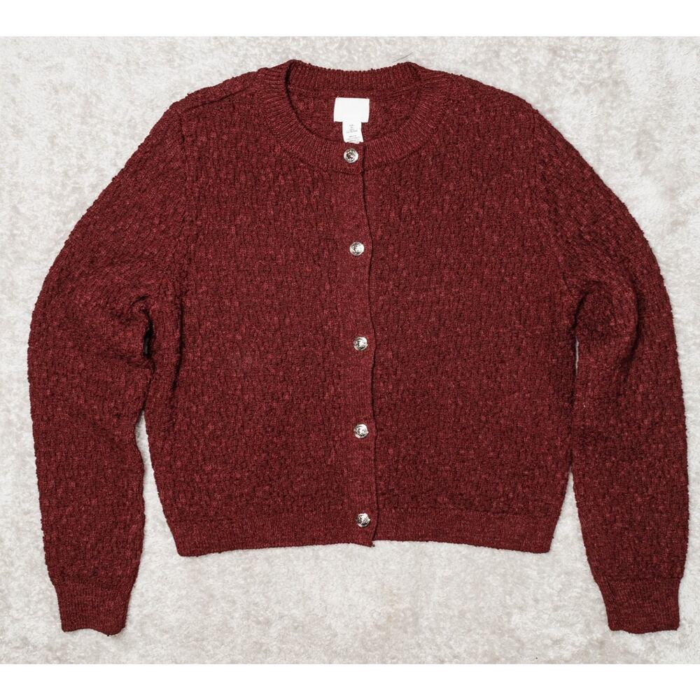 H&M Textured Knit Long Sleeve Burgundy Cardigan Silver Buttons Womens Size L